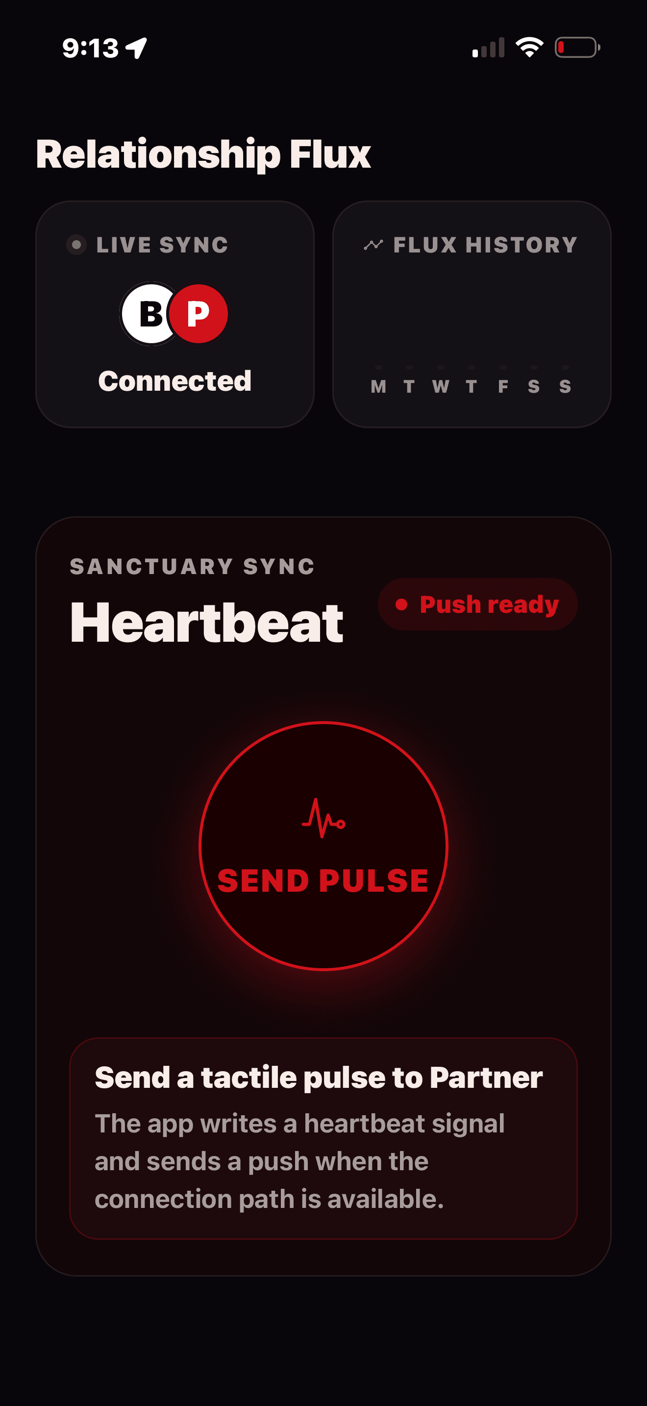 Between Us heartbeat screen showing live sync and sanctuary sync interaction.