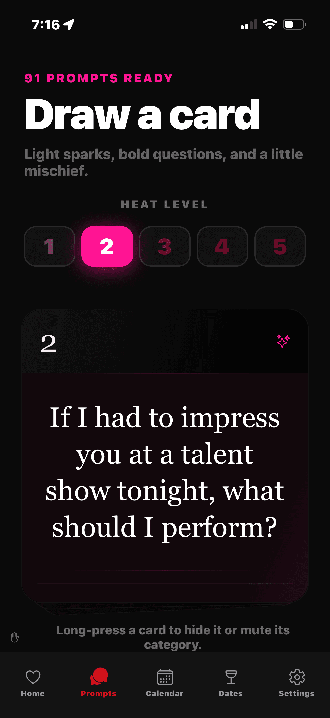Between Us prompts screen with draw-a-card interaction and heat level selection.