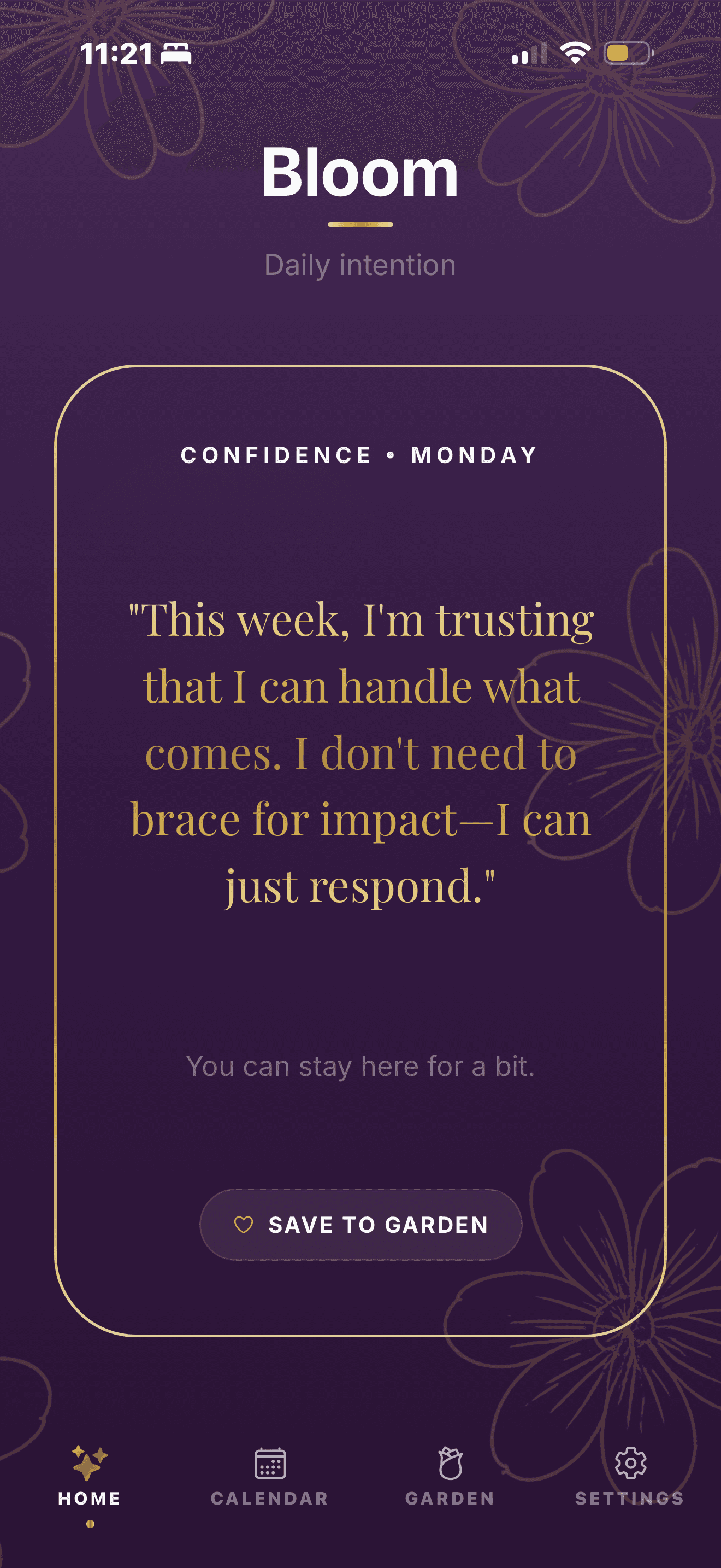 Bloom daily intention screen with floral linework and affirmation card.