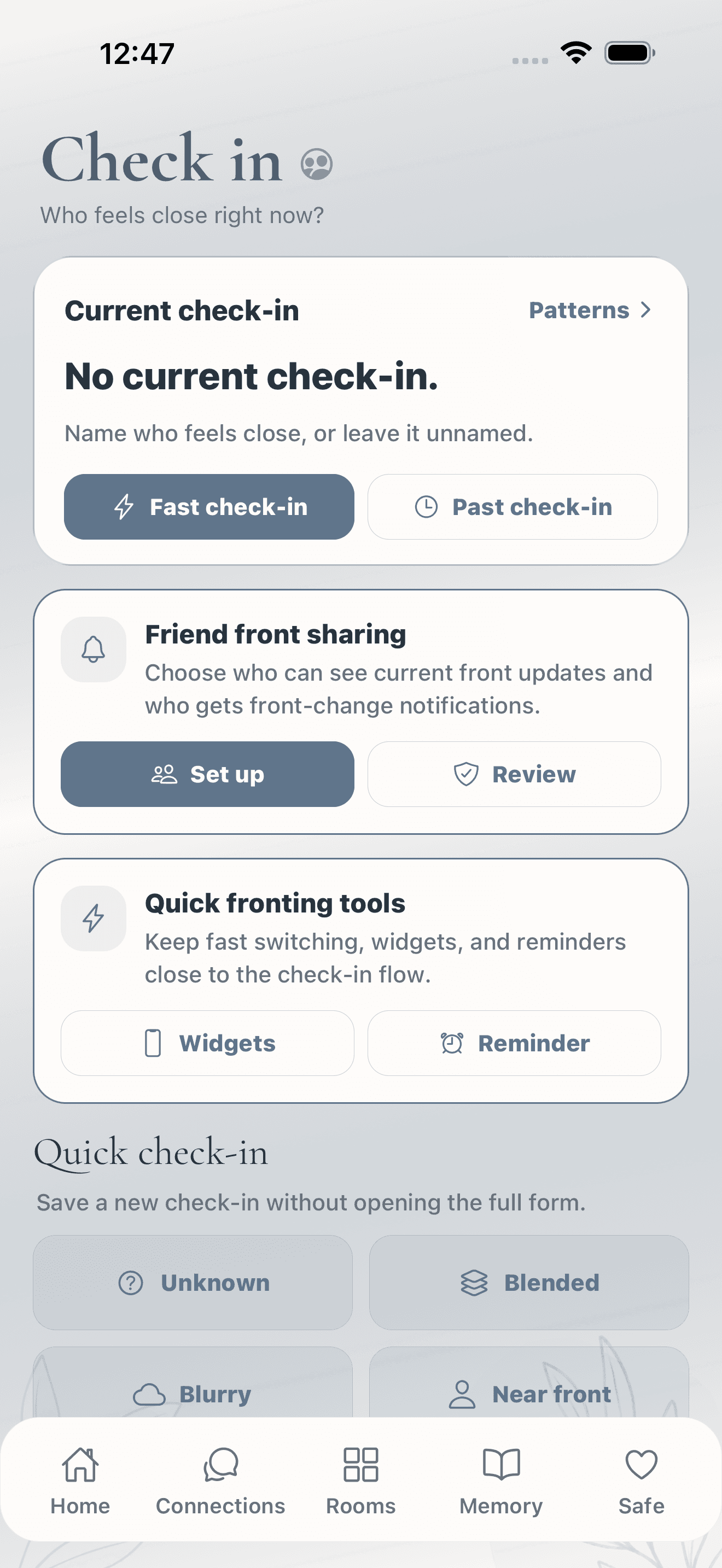 Inner House Check In screen for saving who feels close, fronting, or near front.