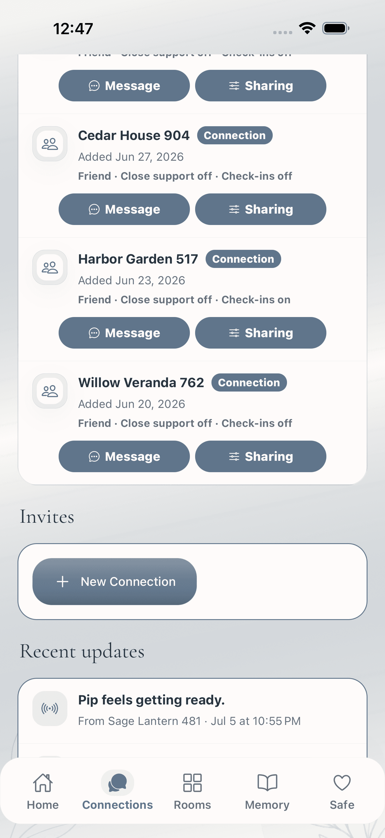 Inner House Connections screen with invite-code connections, message actions, and sharing controls.
