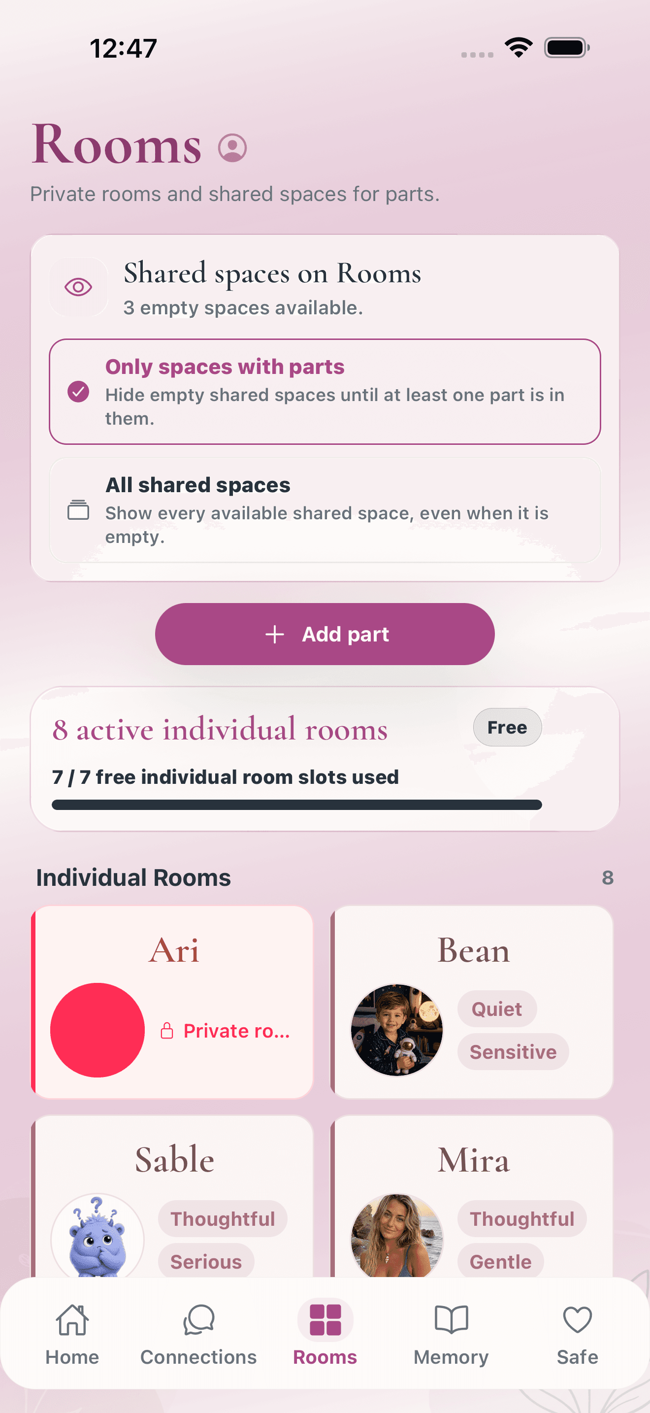 Inner House Rooms screen with shared spaces, individual part rooms, private status, and profile slots.