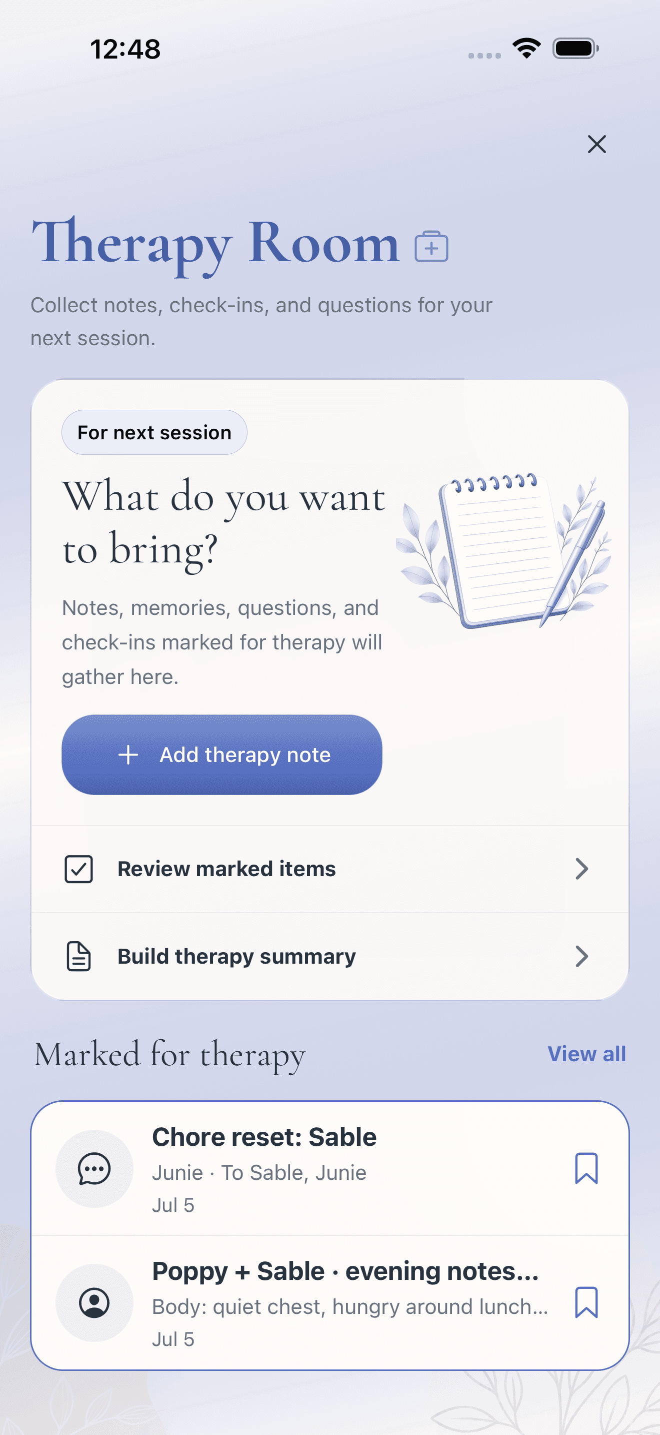 Inner House Therapy Room screen for gathering notes, check-ins, questions, and marked items for therapy.