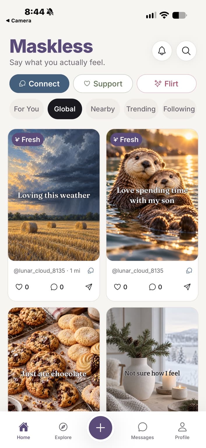 Maskless home feed showing anonymous image-backed posts across Connect, Support, and Flirt.