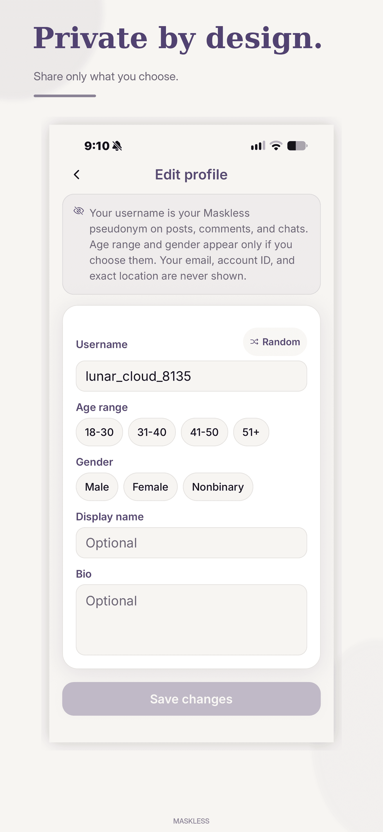 Maskless private profile editor with anonymous username and optional profile details.