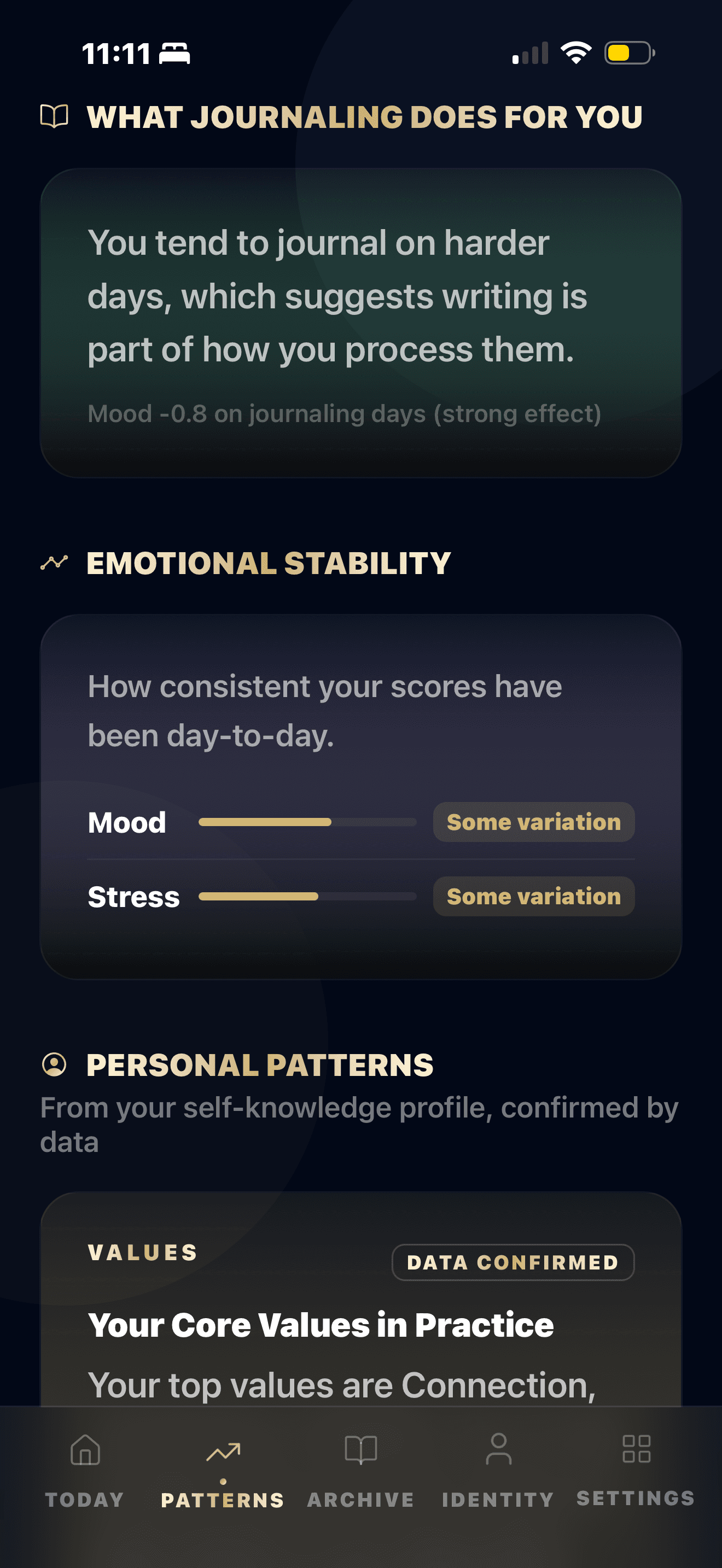 MySky patterns screen showing journaling and emotional stability insights.