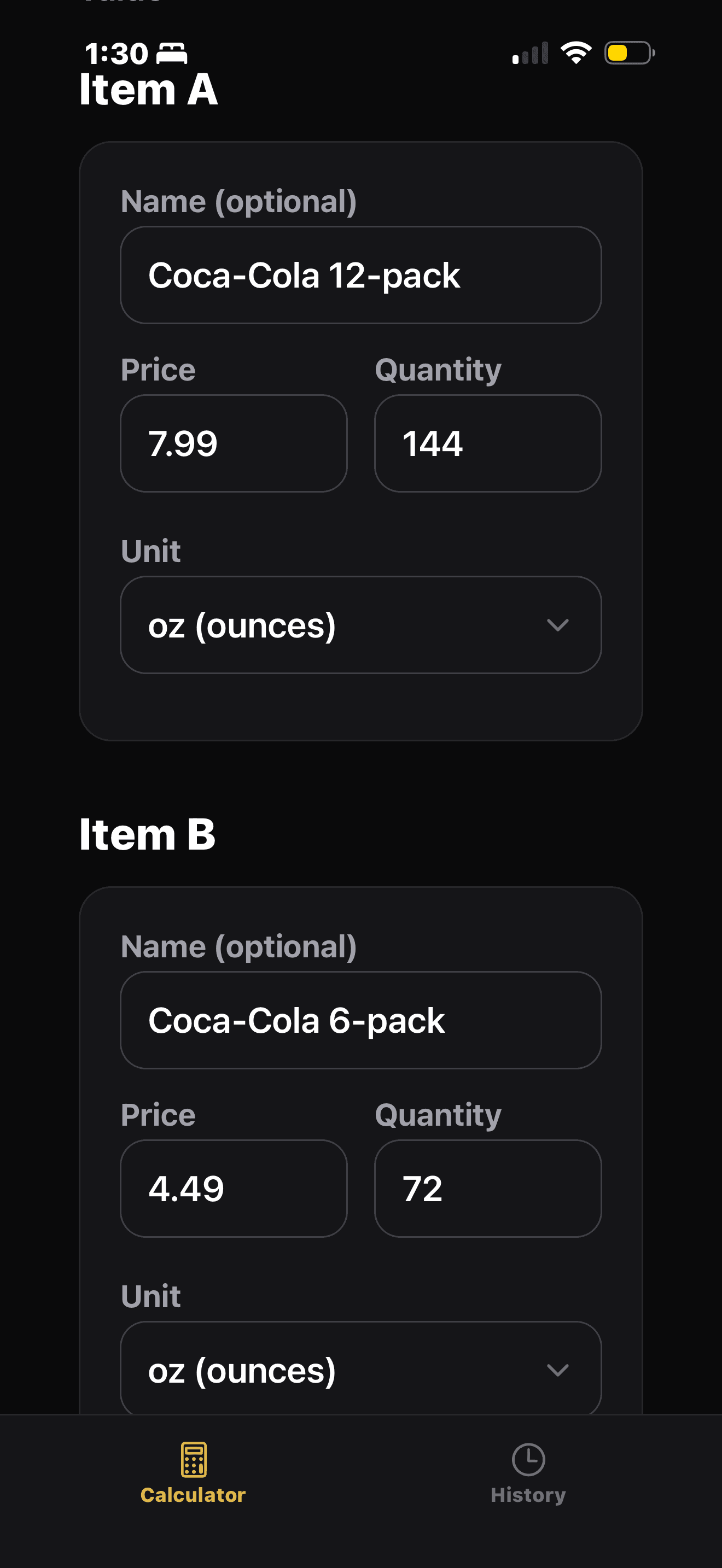 UnitWise Compare calculator screen with Item A and Item B form fields for price, quantity, and unit.